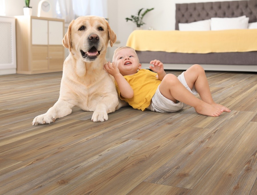 Baby sitting on vinyl floor with pet friendly | UCX